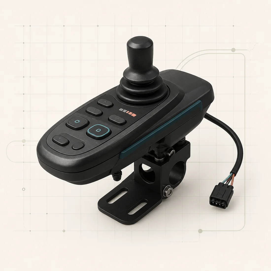 Original illustration of a generic powered-wheelchair joystick controller and mounting bracket